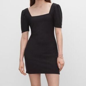 Club Monaco Ribbed Knit Puff Sleeve Black Mini Dress Sweater Square Neck XS EUC
